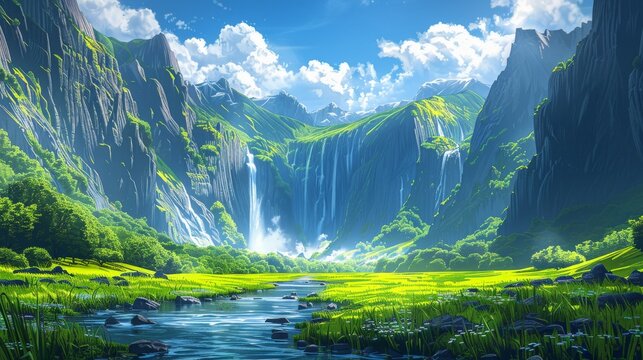 A serene valley with a gently flowing river, surrounded by dramatic, rugged cliffs. The minimalist illustration style highlights the exploration journey through breathtaking vistas and the simplicity