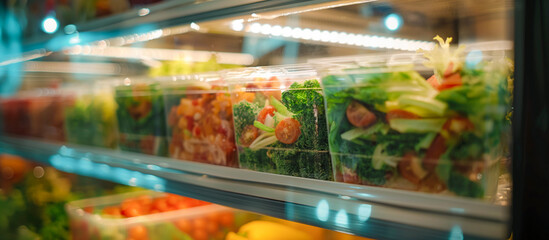 Commercial refrigerator pre packaged vegetable salads in plastic containers
