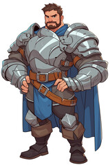 Naklejka premium A determined cartoon hero warrior in full battle gear, standing confidently on a transparent background.