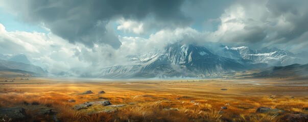 A vast, open plain with dramatic, stormy skies and distant, rugged mountains. The digital artwork captures the epic adventures and vast wilderness, highlighting the simplicity and raw beauty of the - Powered by Adobe