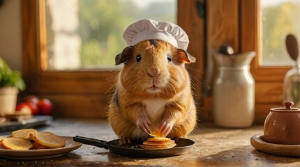 Funny Guinea Pig Chef Cooking Pancakes