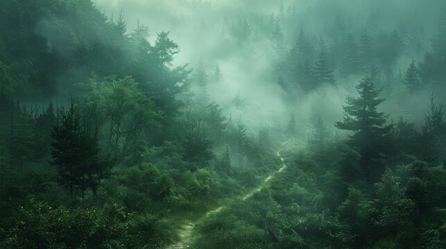A dense, misty forest with a hidden path leading deeper into the wilderness. The minimalist artwork captures the essence of wild nature and epic expeditions, emphasizing the dramatic scenery and