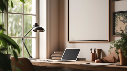 A vertical picture frame is hanging on the wall of an office. Next to it is a desk with stationery, plants, and a laptop sitting on top. The photo was taken from behind the desk, with a window in