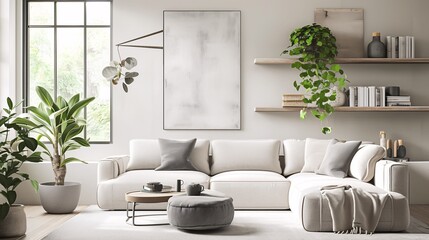 A living room with modern furniture, plants and decorations. The sofa is white with grey cushions. There's an abstract painting on the wall above it. On one side of the shelf there s some books. In