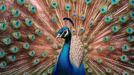Fototapeta premium peacock with bright blue and green feathers is standing in front of a white stone wall with a colorful floral pattern.