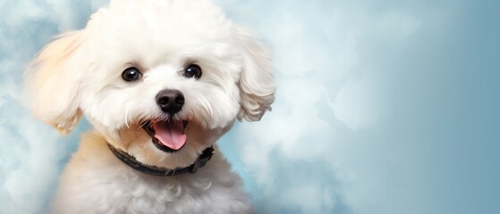 Portrait of cute joyful Bichon Frise , pet dog animal banner