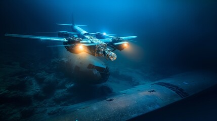 A submersible drone equipped with advanced lighting and scanning technology, exploring a sunken airplane and providing 3D mapping of the site.