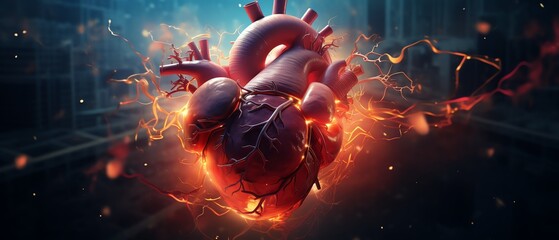 Realistic depiction of a beating heart with electrical impulses traveling through the cardiac conduction system, regulating heartbeat Cardiology concept