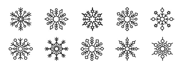 Snowflake linear icon set. Snow ice flakes ornament icons.