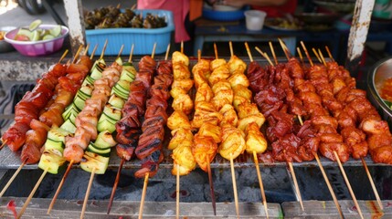 A colorful market stall displaying various types of grilled chicken skewers, ready for customers to enjoy