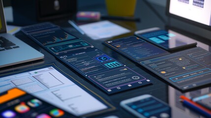 A user interface designera??s workspace, with screens showing prototypes of a mobile app interface being tested and refined.