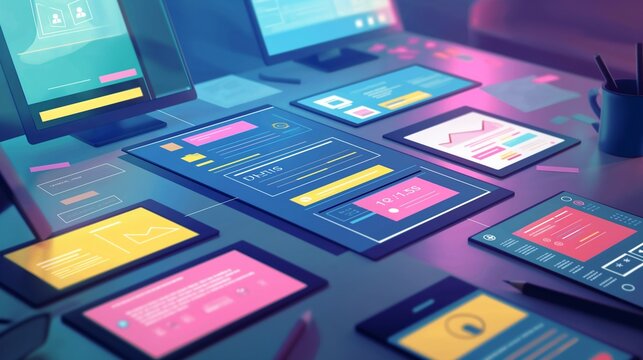 A user interface designera??s workspace, with screens showing prototypes of a mobile app interface being tested and refined.