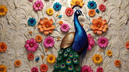  peacock with bright blue and green feathers is standing in front of a white stone wall with a colorful floral pattern.