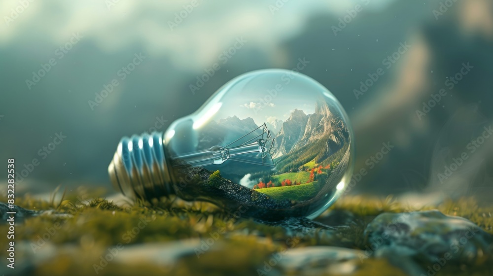 Poster a concept image of a light bulb filled with a miniature landscape, representing creativity and new i