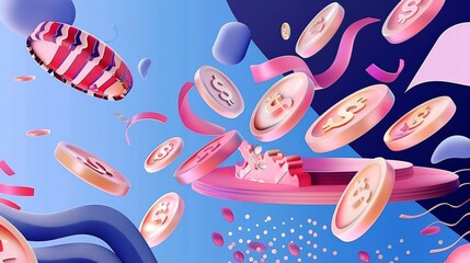 money saving concept, Bundles cash and floating coin isolate on blue background. 3d rendering. 3d. Illustrations