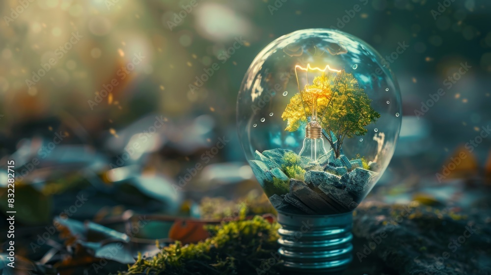 Poster a concept image of a light bulb filled with a miniature landscape, representing creativity and new i