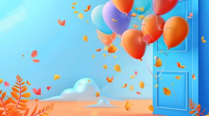 3D render of colorful balloons floating through blue door. 3d. Illustrations