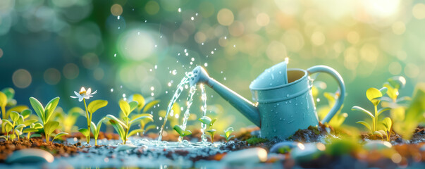 Water flowing from watering can on the young sprouts in the garden. Farming and gardening concept.