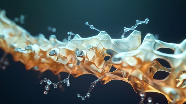 A visualization of a nanocomposite used in prosthetics, highlighting its combination of flexibility and strength to mimic the properties of human bone.