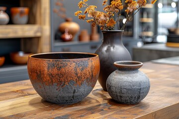 Artistic ceramic pots on rustic table, natural light, stylish decor, minimalist setting, contemporary design, cozy ambiance
