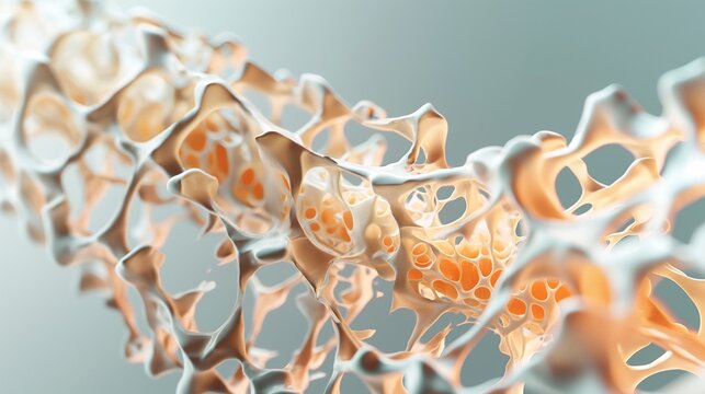 A visualization of a nanocomposite used in prosthetics, highlighting its combination of flexibility and strength to mimic the properties of human bone.