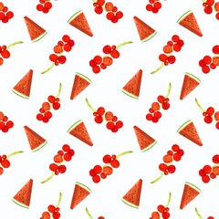 Summer red currant and watermelon seamless pattern. Hand-drawn, watercolor painting. High resolution pattern on a colored background. Suitable for wallpaper, background, packaging, fabrics, etc.