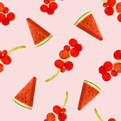 Summer red currant and watermelon seamless pattern. Hand-drawn, watercolor painting. High resolution pattern on a colored background. Suitable for wallpaper, background, packaging, fabrics, etc.