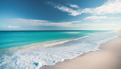 blue ocean with white sand beach and blue sky background