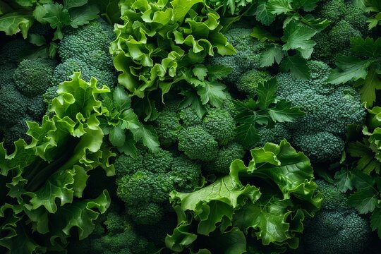 Fresh green vegetables including broccoli and leafy greens on a dark background