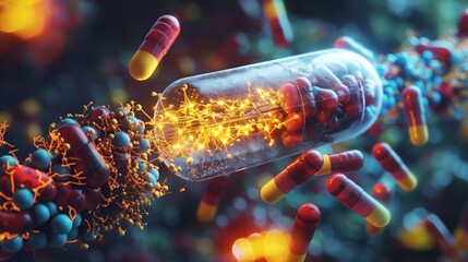 A visualization of a nanofabricated drug delivery system, showing a capsule designed to release its contents precisely at the site of disease.