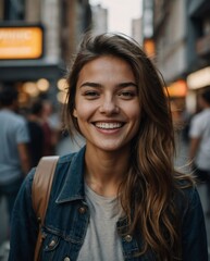 beautiful young woman on busy street smiling on camera portrait