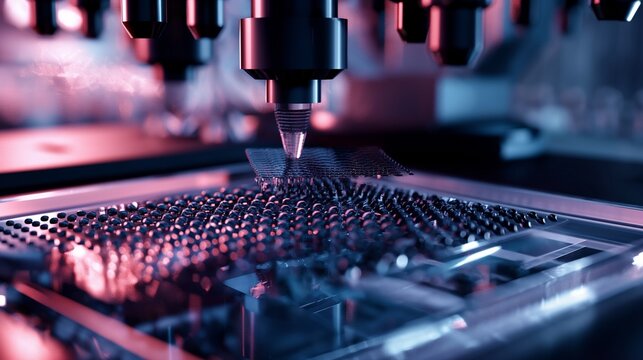 A visualization of a nano-imprint lithography process, showing a stamp forming nanostructures in a polymer film for high-throughput manufacturing.