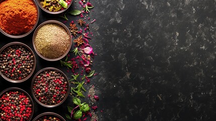 top view of black kitchen table filled with spices, herbs, chillys, garlick's, star anise, rosemary, peppercorns, ginger, bay leafs and sages. copy space, place for text