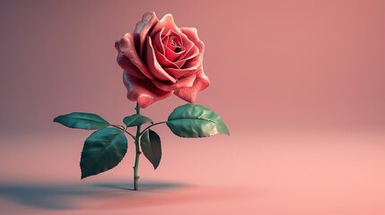 Fototapeta premium Elegant Digital Illustration of a Pink Rose in Lead Style with Soft Green Leaves on White Background. Realistic and Ethereal Floral Design with Subtle Shadows and Depth, Perfect for Clip Art and Flora