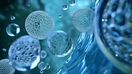 A visualization of nano-filters being used in water purification systems, depicted as microscopic meshes that trap pollutants but allow clean water to pass through.