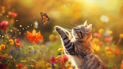A fat Scottish Fold cat reaching for a butterfly in mid-flight, surrounded by blooming flowers