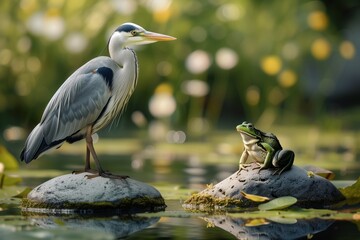 A heron and a frog in a swamp