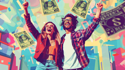 Fototapeta premium A young couple celebrating a new property purchase, surrounded by real estate signs and cash flow diagrams, emphasizing appreciation and profitable investments.