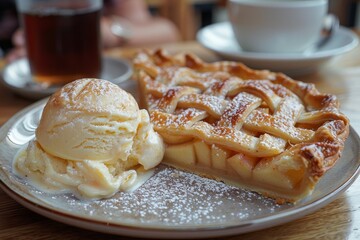 Apple Pie - A slice of apple pie with a lattice crust, served with vanilla ice cream. 