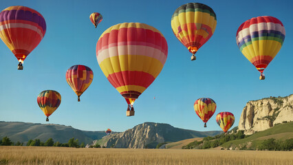 Obraz premium Colorful hot air balloons drifting gracefully over a picturesque landscape, with vibrant balloons against a blue sky