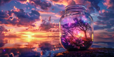 Glass jar with colorful light glowing in front of a breathtaking sunset sky