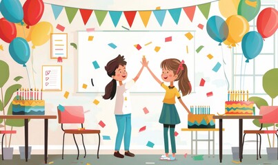 giving a high five to a student on her birthday. Celebration in an elementary school class