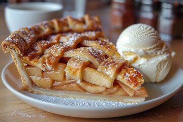 Apple Pie - A slice of apple pie with a lattice crust, served with vanilla ice cream. 