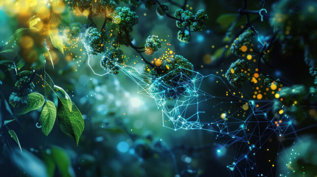An abstract scene where digital nodes and organic vines interlock, symbolizing the fusion of nature and technology in a harmonious network.