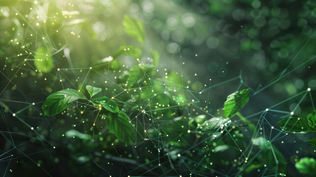 An abstract scene where digital nodes and organic vines interlock, symbolizing the fusion of nature and technology in a harmonious network.