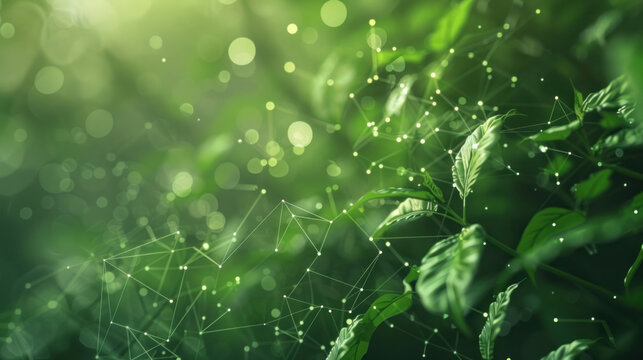 An abstract scene where digital nodes and organic vines interlock, symbolizing the fusion of nature and technology in a harmonious network.