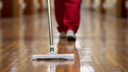 A person is cleaning a floor with a mop