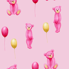 Seamless simple watercolor pattern with pink toy bears and yellow and pink balloons. Handmade watercolor illustration on pink background for textile