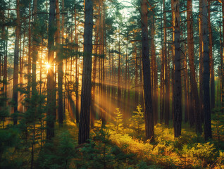 A foggy morning scene in the forest with sunlight beams. Carbon neutral concept