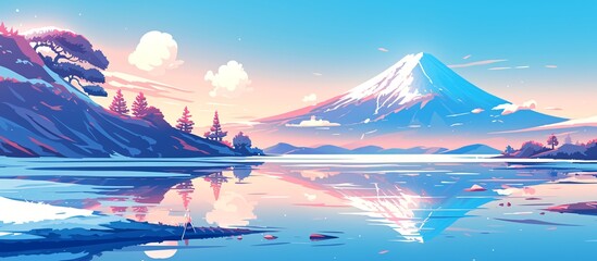 Serene digital artwork of a peaceful lake mirroring a snowy peak at dusk, encircled by darkened pine trees against a pastel sky with soft clouds